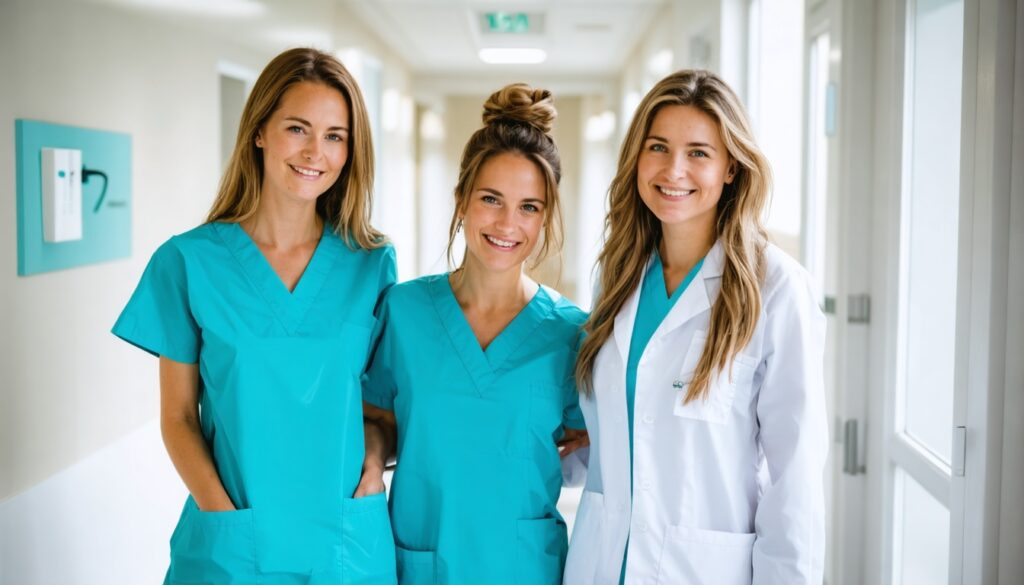 Klein medisch team van cosmetische kliniek poserend in moderne hal